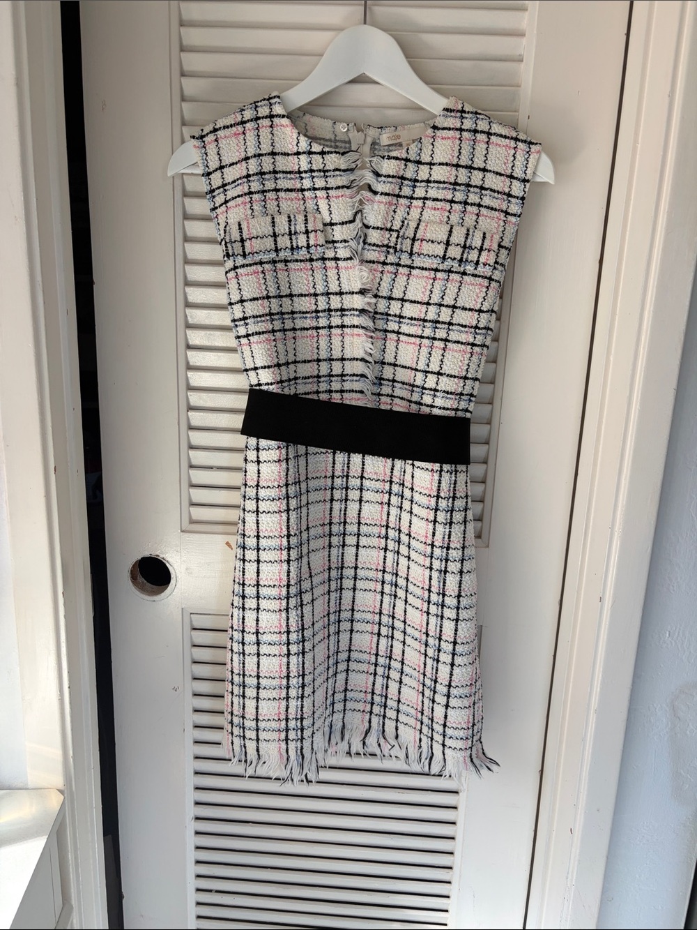 Maje Tweed Fringe Shift Dress in White, Black and Pink